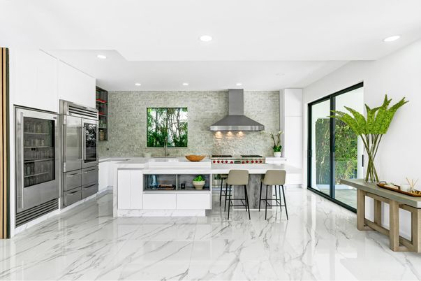 Interior, Kitchen, Marble, Recessed Lighting, Stainless Steel Appliances, Stone Walls