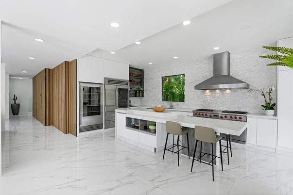 Interior, Kitchen, Marble, Recessed Lighting, Stainless Steel Appliances