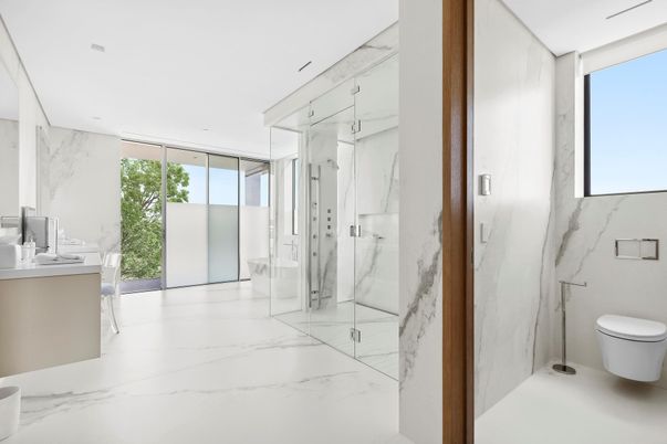 Bathroom, Glass Shower, Interior, Marble, Marble Walls, Recessed Lighting