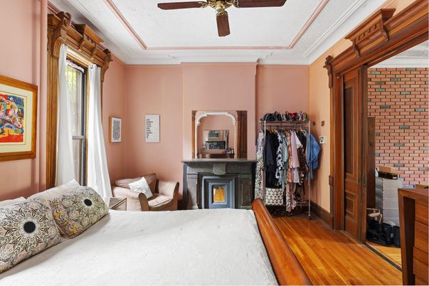 Bedroom, Fireplace, Interior, Stone Walls, Wood Texture Flooring