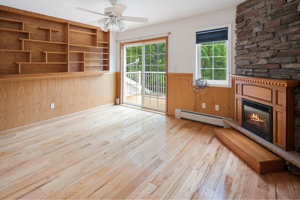 Empty room, Fireplace, Interior, Stone Walls, Wood Texture Flooring