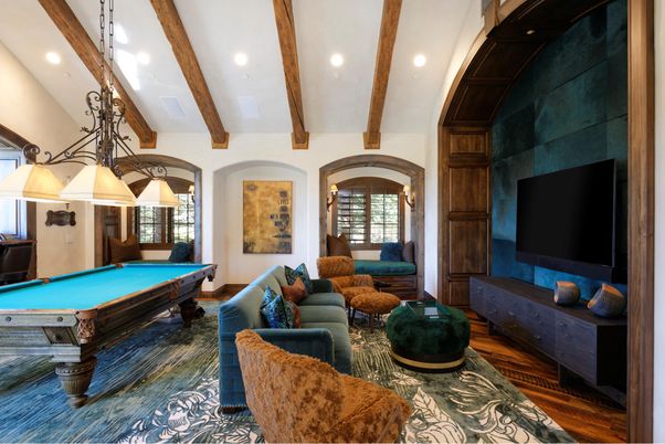 Billiard Table, Fireplace, Game Room, Interior, Living room, Pendant Lights, Recessed Lighting, Wooden Beams, Wood Texture Flooring