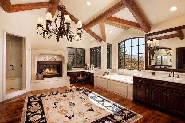 Bathroom, Chandelier, Fireplace, Interior, Recessed Lighting, Wooden Beams, Wood Texture Flooring