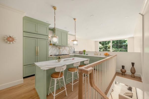 Interior, Kitchen, Marble Walls, Pendant Lights, Recessed Lighting, Wood Texture Flooring