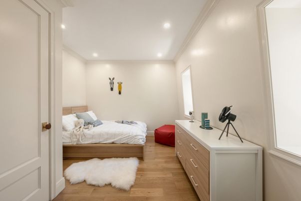 Bedroom, Interior, Recessed Lighting, Wood Texture Flooring
