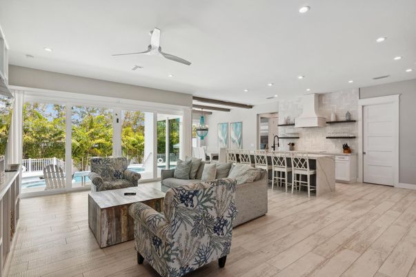 Dining room, Interior, Kitchen, Living room, Recessed Lighting, Wood Texture Flooring