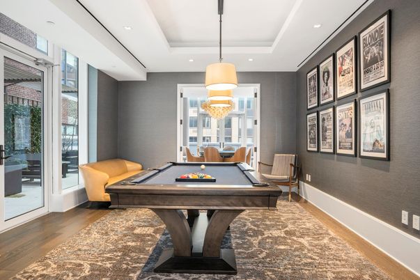 Billiard Table, Chandelier, Game Room, Interior, Pendant Lights, Recessed Lighting, Wood Texture Flooring