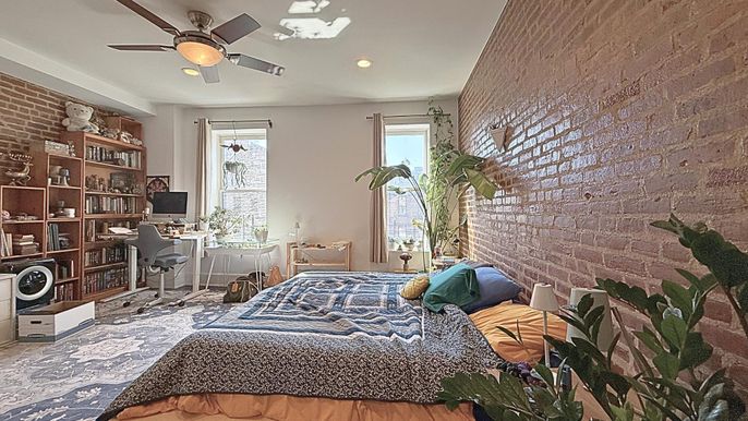 Bedroom, Home Office, Interior, Recessed Lighting, Stone Walls, Wood Texture Flooring