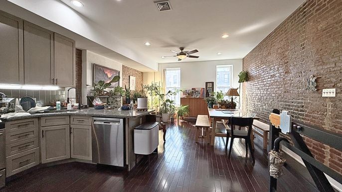 Dining room, Interior, Kitchen, Recessed Lighting, Stone Walls, Wood Texture Flooring