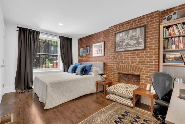 Bedroom, Fireplace, Interior, Recessed Lighting, Stone Walls, Wood Texture Flooring