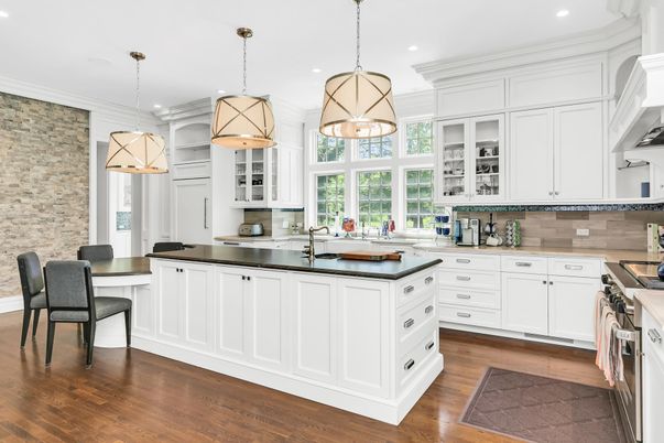 Interior, Kitchen, Pendant Lights, Recessed Lighting, Stainless Steel Appliances, Stone Walls, Wood Texture Flooring