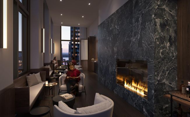 Fireplace, Interior, Living room, Marble Walls, Recessed Lighting, Wood Texture Flooring