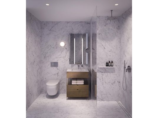 Bathroom, Interior, Marble, Marble Walls, Recessed Lighting