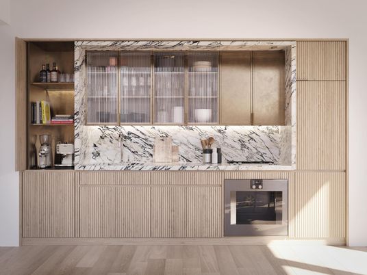 Interior, Marble Walls, Wood Texture Flooring