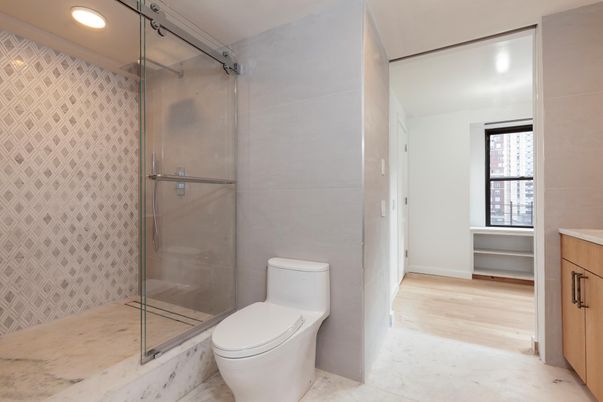 Bathroom, Glass Shower, Interior, Recessed Lighting, Wood Texture Flooring