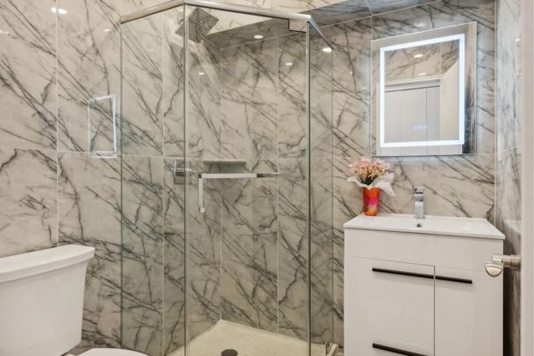 Bathroom, Glass Shower, Interior, Marble Walls