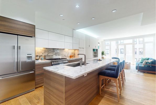 Interior, Kitchen, Living room, Recessed Lighting, Stainless Steel Appliances, Wood Texture Flooring