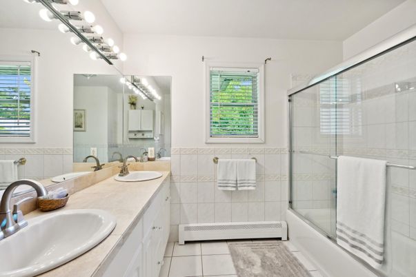 Bathroom, Dual Sink Vanities, Glass Shower, Interior, Tile Countertops