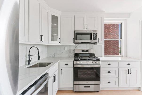 Interior, Kitchen, Marble Walls, Stainless Steel Appliances, Wood Texture Flooring