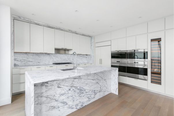 Interior, Kitchen, Marble Walls, Recessed Lighting, Stainless Steel Appliances, Wood Texture Flooring