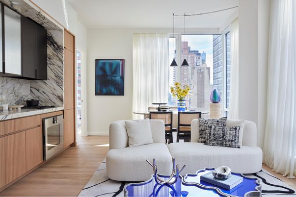 Dining room, Interior, Kitchen, Living room, Marble Walls, Pendant Lights, Stainless Steel Appliances, Wood Texture Flooring
