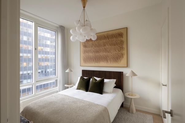 Bedroom, Interior, Pendant Lights, Wood Texture Flooring