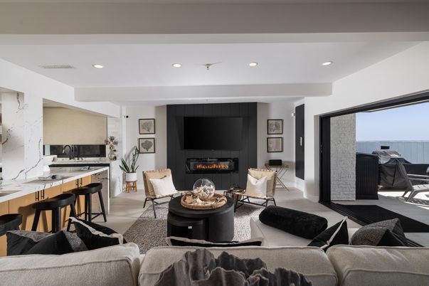 Fireplace, Interior, Kitchen, Living room, Marble Walls, Recessed Lighting, Water