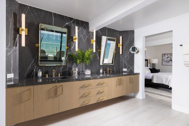 Bathroom, Bedroom, Dual Sink Vanities, Interior, Marble Walls, Wood Texture Flooring