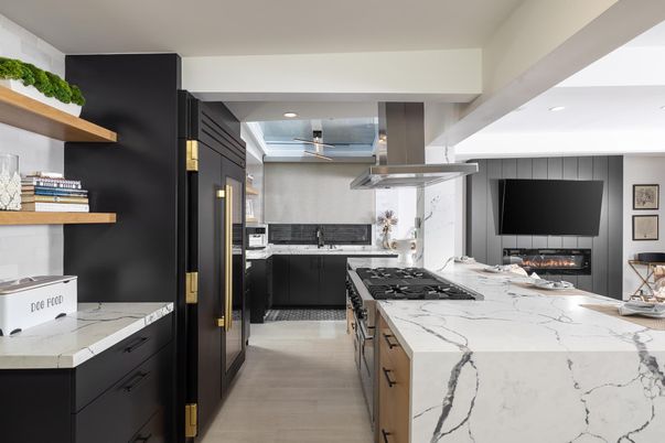 Fireplace, Interior, Kitchen, Recessed Lighting, Stainless Steel Appliances, Wood Texture Flooring