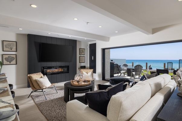 Fireplace, Interior, Living room, Recessed Lighting, Water, Wood Texture Flooring