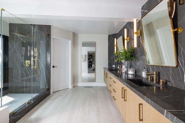 Bathroom, Dual Sink Vanities, Glass Shower, Interior, Marble, Marble Walls