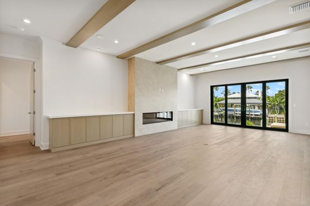 Empty room, Fireplace, Interior, Recessed Lighting, Wooden Beams, Wood Texture Flooring