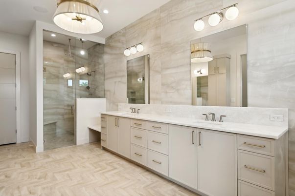 Bathroom, Dual Sink Vanities, Glass Shower, Interior, Recessed Lighting, Wood Texture Flooring