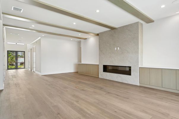 Empty room, Fireplace, Interior, Recessed Lighting, Wood Texture Flooring