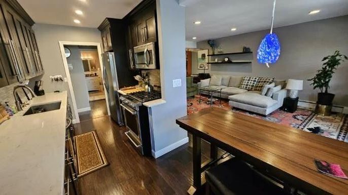 Interior, Kitchen, Living room, Pendant Lights, Recessed Lighting, Stainless Steel Appliances, Wood Texture Flooring