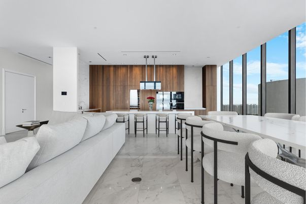 Dining room, Interior, Kitchen, Living room, Marble, Pendant Lights, Recessed Lighting