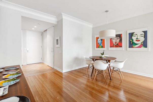 Dining room, Interior, Pendant Lights, Recessed Lighting, Wood Texture Flooring