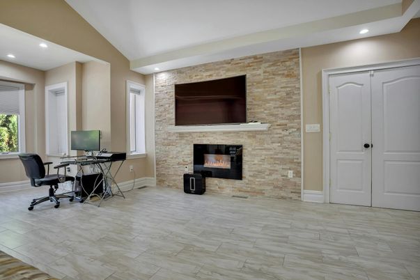 Fireplace, Home Office, Interior, Recessed Lighting, Stone Walls, Wood Texture Flooring
