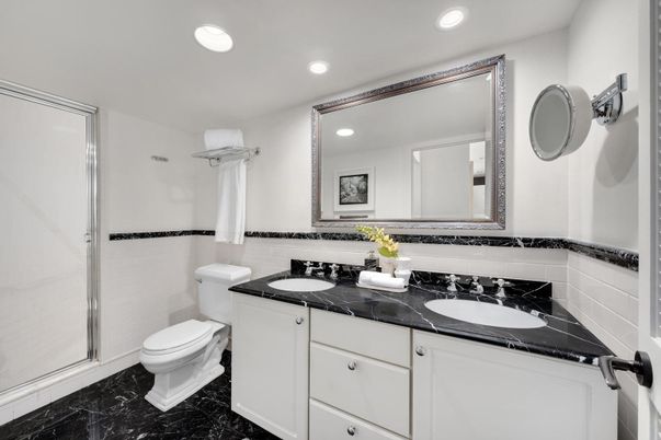 Bathroom, Dual Sink Vanities, Interior, Marble, Recessed Lighting