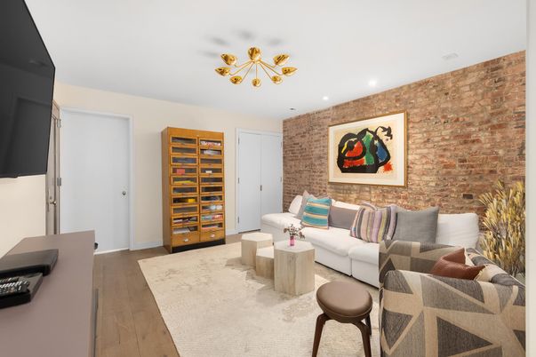 Interior, Living room, Recessed Lighting, Stone Walls, Wood Texture Flooring