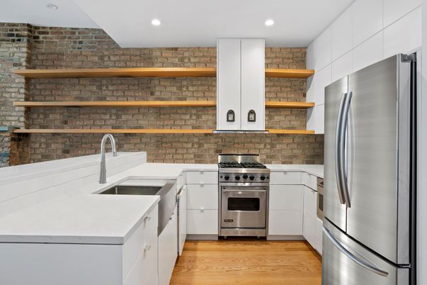 Interior, Kitchen, Recessed Lighting, Stainless Steel Appliances, Stone Walls, Wood Texture Flooring