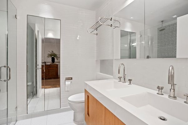 Bathroom, Dual Sink Vanities, Glass Shower, Interior, Recessed Lighting, Wood Texture Flooring