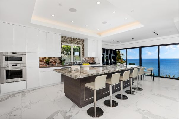 Interior, Kitchen, Marble, Recessed Lighting, Stainless Steel Appliances, Water