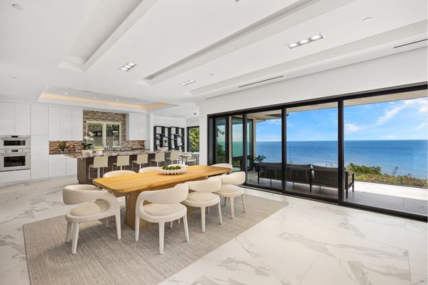 Dining room, Interior, Kitchen, Marble, Recessed Lighting, Stainless Steel Appliances, Water