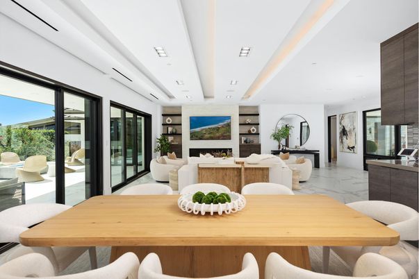 Dining room, Fireplace, Interior, Living room, Marble, Recessed Lighting