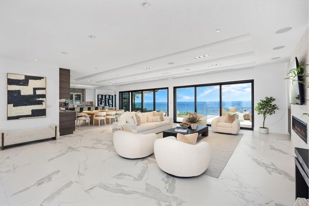 Dining room, Fireplace, Interior, Living room, Marble, Recessed Lighting, Water