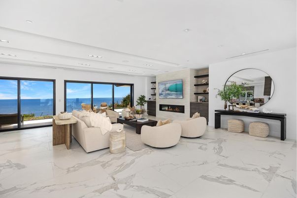 Fireplace, Interior, Living room, Marble, Recessed Lighting, Water