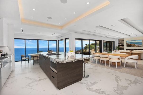 Dining room, Interior, Kitchen, Marble, Recessed Lighting, Stainless Steel Appliances, Water