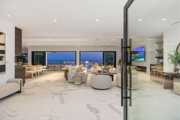 Interior, Living room, Marble, Recessed Lighting, Stone Walls