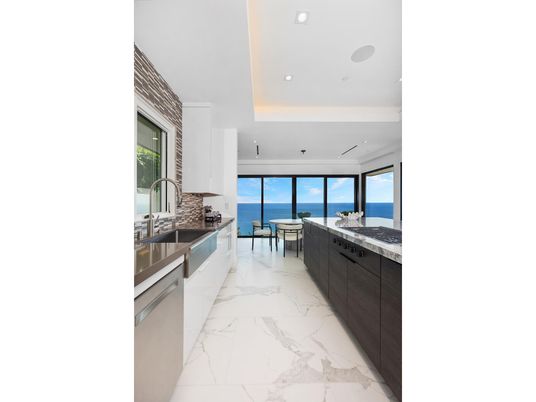 Interior, Kitchen, Marble, Recessed Lighting, Stainless Steel Appliances, Water